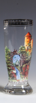 Glass beaker, .5L, hand-painted, Wo ist die Burgfrau [she is in the rear], mint.