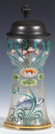 Glass stein, .5L, blown, ribbed body, form number 944, manufactured by Regenhütte, first displayed at the Paris World's Fair 1900, hand-painted, a Jugendstil floral and fish decoration, a Steigerwaldhütten design: Rudolph Czerny, artist: Karl Heller, pewt