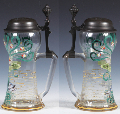 Glass stein, .5L, blown, ribbed body, form number 944, manufactured by Regenhütte, first displayed at the Paris World's Fair 1900, hand-painted, a Jugendstil floral and fish decoration, a Steigerwaldhütten design: Rudolph Czerny, artist: Karl Heller, pewt - 2