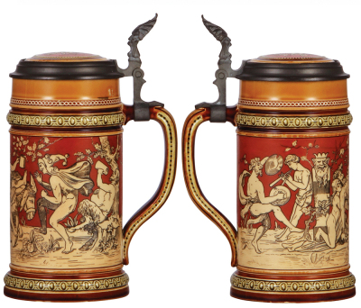 Two Mettlach steins, 1.0L, 2035, etched, inlaid lid, mint; with, .5L, 2025, etched, inlaid lid, mint. - 2