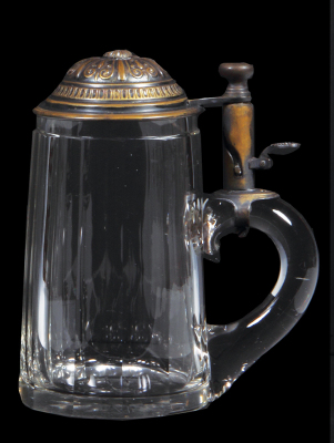 Glass stein, .5L, blown, faceted, unusual lid, push lever to swivel the lid away from the glass, mint.