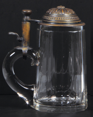 Glass stein, .5L, blown, faceted, unusual lid, push lever to swivel the lid away from the glass, mint. - 3