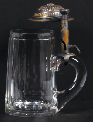 Glass stein, .5L, blown, faceted, unusual lid, push lever to swivel the lid away from the glass, mint. - 4