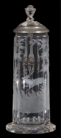 Glass stein, .5L, blown, clear, faceted, engraved, stag in forest, matching glass inlaid lid, mint.