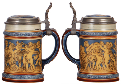 Two Mettlach steins, 1.0L, 2035, etched, inlaid lid, mint; with, .5L, 2025, etched, inlaid lid, mint. - 3