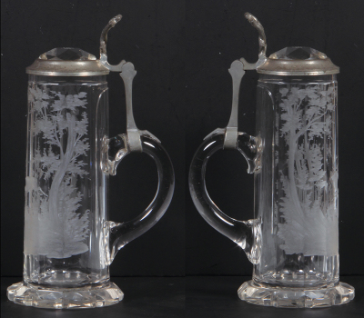 Glass stein, .5L, blown, clear, faceted, engraved, stag in forest, matching glass inlaid lid, mint. - 2