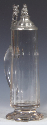 Glass stein, .5L, blown, clear, cut, pewter lid, gnomes, mint.