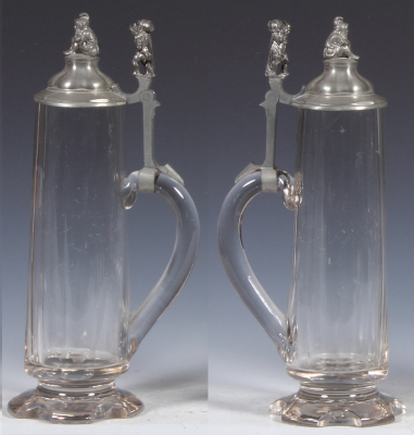 Glass stein, .5L, blown, clear, cut, pewter lid, gnomes, mint. - 2