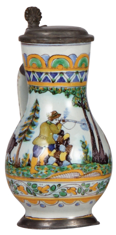 Faience stein, 7.8" ht. late 1700s, Salzburger Birnkrug, signed TS under the handle (Werkstatt Moser-Pisotti), base marked h.u., Hunter & two Wild Boar, pewter lid, some roughness on lid, body excellent condition.