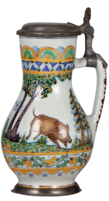 Faience stein, 7.8" ht. late 1700s, Salzburger Birnkrug, signed TS under the handle (Werkstatt Moser-Pisotti), base marked h.u., Hunter & two Wild Boar, pewter lid, some roughness on lid, body excellent condition. - 2