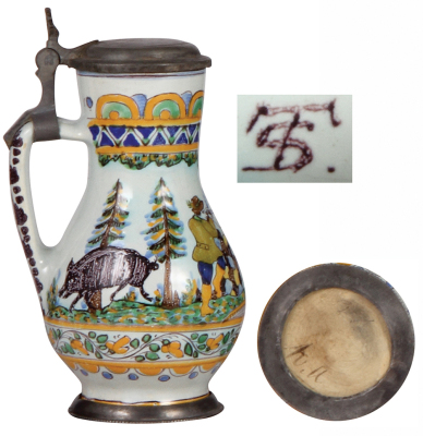 Faience stein, 7.8" ht. late 1700s, Salzburger Birnkrug, signed TS under the handle (Werkstatt Moser-Pisotti), base marked h.u., Hunter & two Wild Boar, pewter lid, some roughness on lid, body excellent condition. - 4