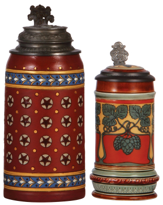 Two Mettlach steins, 1.0L, 1893, etched, mosaic, pewter lid, faint line on underside; with, .25L, 2800, etched, inlaid lid, mint.
