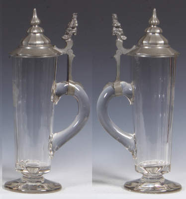 Glass stein, .5L, 12.1" ht., blown, dear, faceted, engraved, coat-of-arms, pewter lid, jester thumblift, mint. - 2