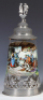 Glass stein, 1.0L, blown, clear, transfer & hand-painted, a&rsquo; Schmarrn, pewter lid & base ring, dated 1937, pewter tear, otherwise mint.
