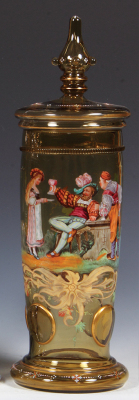 Glass pokal, 15.5'' ht., blown, amber, rigaree & prunts, hand-painted, tavern scene, glass lid, Heckert quality, mint.