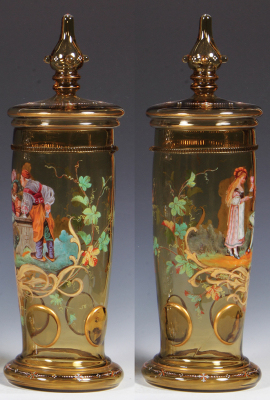 Glass pokal, 15.5'' ht., blown, amber, rigaree & prunts, hand-painted, tavern scene, glass lid, Heckert quality, mint. - 2
