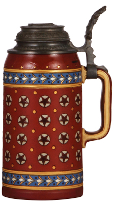 Two Mettlach steins, 1.0L, 1893, etched, mosaic, pewter lid, faint line on underside; with, .25L, 2800, etched, inlaid lid, mint. - 2