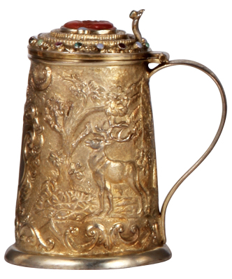 Silver stein, 6.0'' ht., unmarked, hand-hammered, early 1800s, stag and doe, semi-precious stones, carved coral finial, gilded, 310 grams, excellent condition.