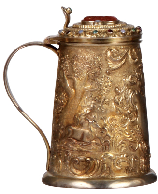 Silver stein, 6.0'' ht., unmarked, hand-hammered, early 1800s, stag and doe, semi-precious stones, carved coral finial, gilded, 310 grams, excellent condition. - 2