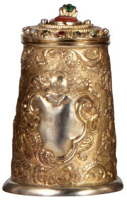 Silver stein, 6.0'' ht., unmarked, hand-hammered, early 1800s, stag and doe, semi-precious stones, carved coral finial, gilded, 310 grams, excellent condition. - 3