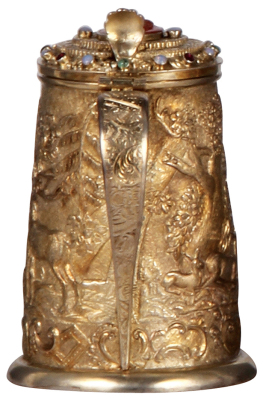 Silver stein, 6.0'' ht., unmarked, hand-hammered, early 1800s, stag and doe, semi-precious stones, carved coral finial, gilded, 310 grams, excellent condition. - 4