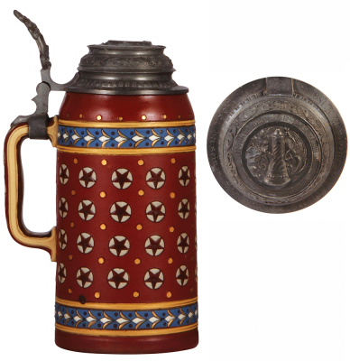 Two Mettlach steins, 1.0L, 1893, etched, mosaic, pewter lid, faint line on underside; with, .25L, 2800, etched, inlaid lid, mint. - 3