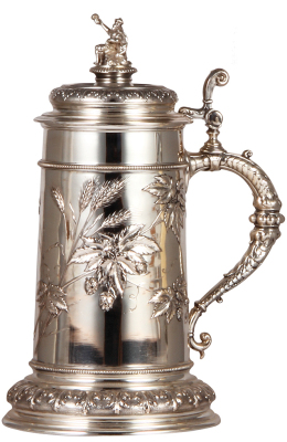Silver stein, 10.6'' ht., 775 grams, marked 800, late 1800s, Gambrinus finial, floral decoration, very good condition.            