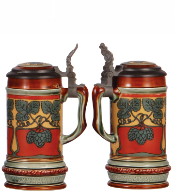 Two Mettlach steins, 1.0L, 1893, etched, mosaic, pewter lid, faint line on underside; with, .25L, 2800, etched, inlaid lid, mint. - 4