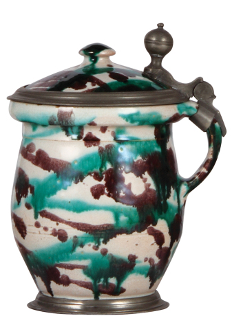 Faience stein, 7.5" ht., Gmundner Wursthafen, c.1720, inlaid lid, pewter footring, rare, a few glaze flakes on upper rim.