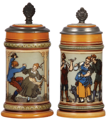 Two Mettlach steins, .5L, 1162, etched, inlaid lid, by C. Warth, mint; with, .5L, 1164, etched, inlaid lid, by C. Warth, mint.