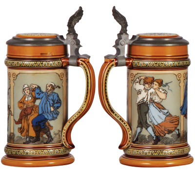 Two Mettlach steins, .5L, 1162, etched, inlaid lid, by C. Warth, mint; with, .5L, 1164, etched, inlaid lid, by C. Warth, mint. - 2