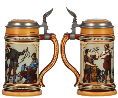 Two Mettlach steins, .5L, 1162, etched, inlaid lid, by C. Warth, mint; with, .5L, 1164, etched, inlaid lid, by C. Warth, mint. - 3