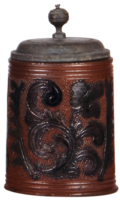Stoneware stein, 1.0L, 8.3" ht., etched & carved, Muskauer Walzenkrug, late 1700s, brown saltglazes, replacement pewter lid dated 1838 good condition.