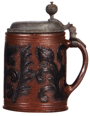 Stoneware stein, 1.0L, 8.3" ht., etched & carved, Muskauer Walzenkrug, late 1700s, brown saltglazes, replacement pewter lid dated 1838 good condition. - 2