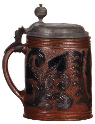 Stoneware stein, 1.0L, 8.3" ht., etched & carved, Muskauer Walzenkrug, late 1700s, brown saltglazes, replacement pewter lid dated 1838 good condition. - 3