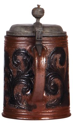 Stoneware stein, 1.0L, 8.3" ht., etched & carved, Muskauer Walzenkrug, late 1700s, brown saltglazes, replacement pewter lid dated 1838 good condition. - 4