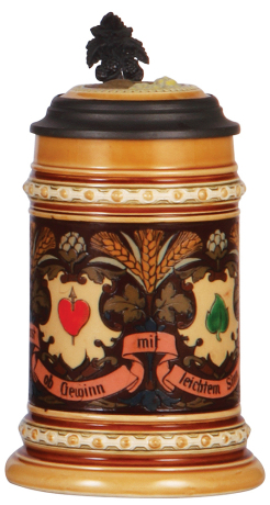 Mettlach stein, .5L, 1394, etched, inlaid lid, mint.