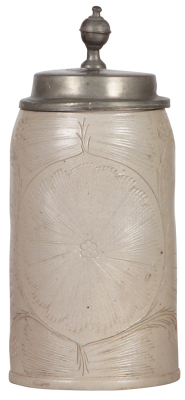 Stoneware stein, 9.0" ht., early 1800s, Westerwälder Walzenkrug, Knibis, pewter lid, 1" hairline.