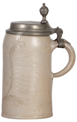 Stoneware stein, 9.0" ht., early 1800s, Westerwälder Walzenkrug, Knibis, pewter lid, 1" hairline. - 2