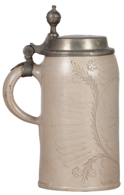 Stoneware stein, 9.0" ht., early 1800s, Westerwälder Walzenkrug, Knibis, pewter lid, 1" hairline. - 3