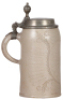Stoneware stein, 9.0" ht., early 1800s, Westerw&auml;lder Walzenkrug, Knibis, pewter lid, 1" hairline. - 3