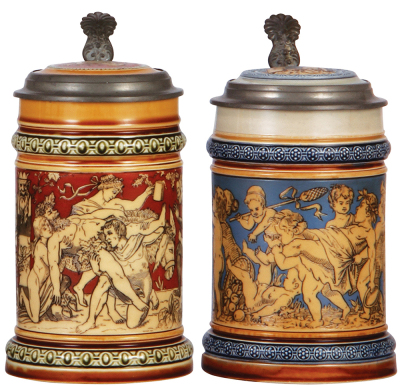 Two Mettlach steins, .5L, 2035, etched, inlaid lid, mint; with, .5L, 2025, etched, inlaid lid, mint.