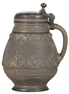 Stoneware stein, 8.7" ht., Freiberger Birnkrug, mid 1600s, gray, stamped design, pewter lid with touch marks, pewter footring and two belly bands, rare, very good condition. - 2