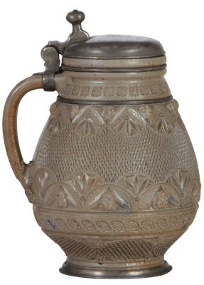 Stoneware stein, 8.7" ht., Freiberger Birnkrug, mid 1600s, gray, stamped design, pewter lid with touch marks, pewter footring and two belly bands, rare, very good condition. - 3