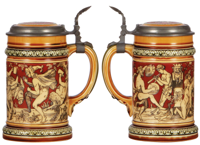 Two Mettlach steins, .5L, 2035, etched, inlaid lid, mint; with, .5L, 2025, etched, inlaid lid, mint. - 2