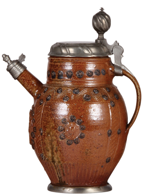 Stoneware stein, 11.4'' ht., mid to late 1600s, Altenburger Tüllenkanne, brown & tan saltglazes, applied relief coat-of-arms with a stag, gray body, pewter lid & spout cap mounted later, pewter footring, very good condition. - 2