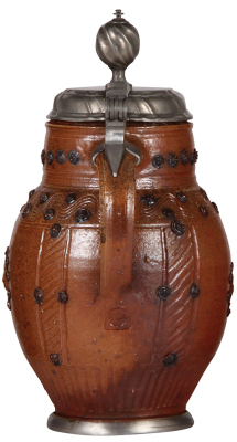 Stoneware stein, 11.4'' ht., mid to late 1600s, Altenburger Tüllenkanne, brown & tan saltglazes, applied relief coat-of-arms with a stag, gray body, pewter lid & spout cap mounted later, pewter footring, very good condition. - 4