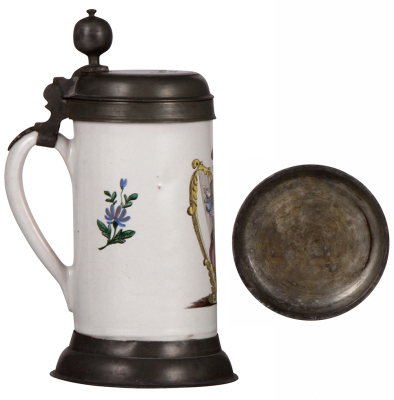 Faience stein, 9.8'' ht., late 1700s, Proskauer Walzenkrug, pewter lid & footring, pewter touch mark, lid inscription dated 1818, very good condition. - 3