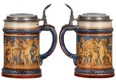 Two Mettlach steins, .5L, 2035, etched, inlaid lid, mint; with, .5L, 2025, etched, inlaid lid, mint. - 3