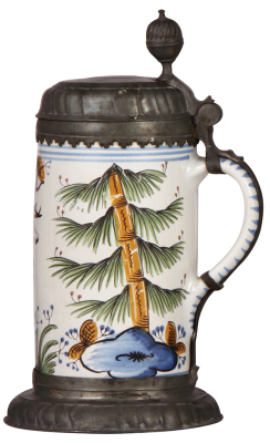 Faience stein, 11.2'' ht., late 1700s, Bayreuther Walzenkrug, pewter lid & footring, vertical handle strap, very good condition. - 2